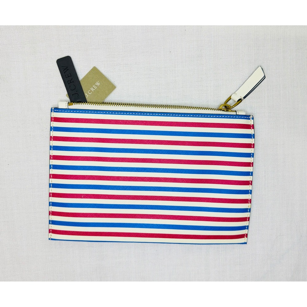 J.Crew Red White Blue Striped Saffiano Leather Zip Pouch Clutch Bag NWT